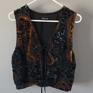 Nasty Gal Black and Gold Paisley Velvet Vest Front Tie Whimsigoth Top US12